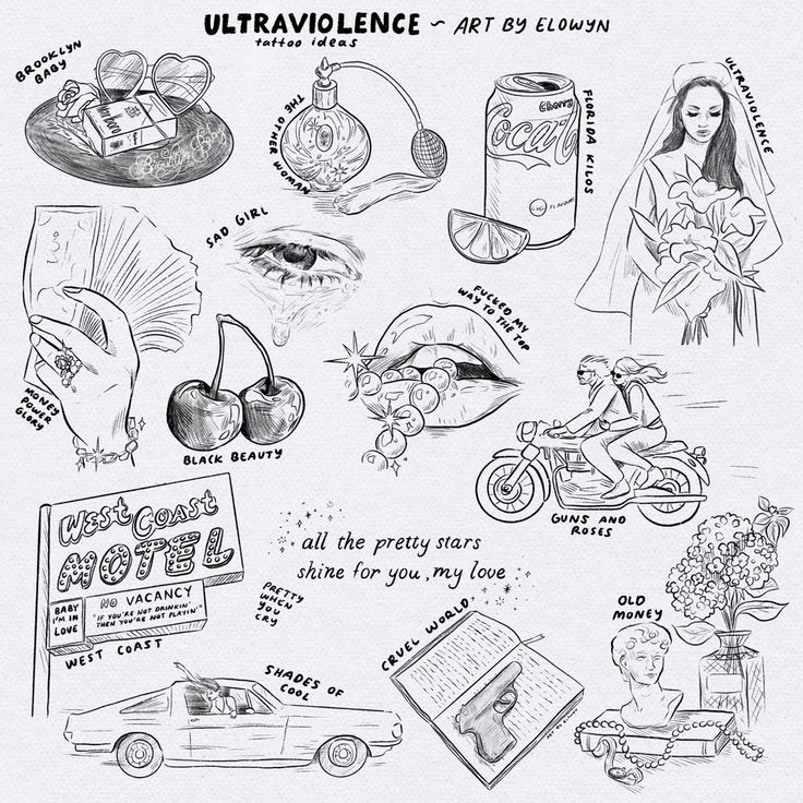 a drawing of various things that are being used to make an advertisement for the perfume company