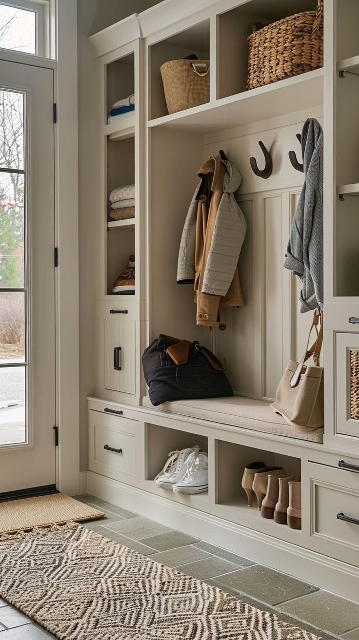 Modern entryway storage system with built-in shelves, coat hooks, and seating bench in a modern home, showcasing organization and functionality. Mudroom Hooks And Bench, Modern Entryway Storage, Mudroom Shelves, Cottage Entryway, Foyer Storage, Front Hall Closet, New England House, Mudroom Remodel, Seating Bench