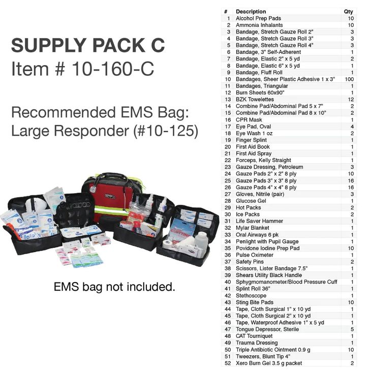 The Kemp USA Medical Supply Pack C is a fill kit for EMS Gear Bags. It comes with (50) unique first-aid items, totaling 247 pieces. This Supply Pack conveniently fits our Large Responder Bag (item# 10-125), however, can be used for any bag of your choice. DOWNLOAD PDF - Itemized List for Medical Supply Pack C We Are Proud To Offer Top-QualityEmergency Medical Supplies Nationwide Ems Gear, Home First Aid Kit, Emergency Go Bag, Survival Skills Emergency Preparedness, Ems Bag, Bush Craft, Survival Stuff, Robotics Projects, Emergency Bag