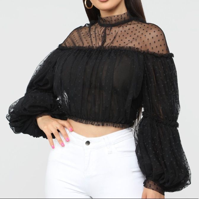 Never Worn! Open To Offers. Details: Long Sleeve Mock Neck Puff Sleeve Sheer Button Closure Fashion Nova Models, Fashion Nova Tops, Fashion Nova Jeans, Woven Top, Black Polka Dot, Mode Fashion, Cut And Style, Mock Neck, Black Fashion