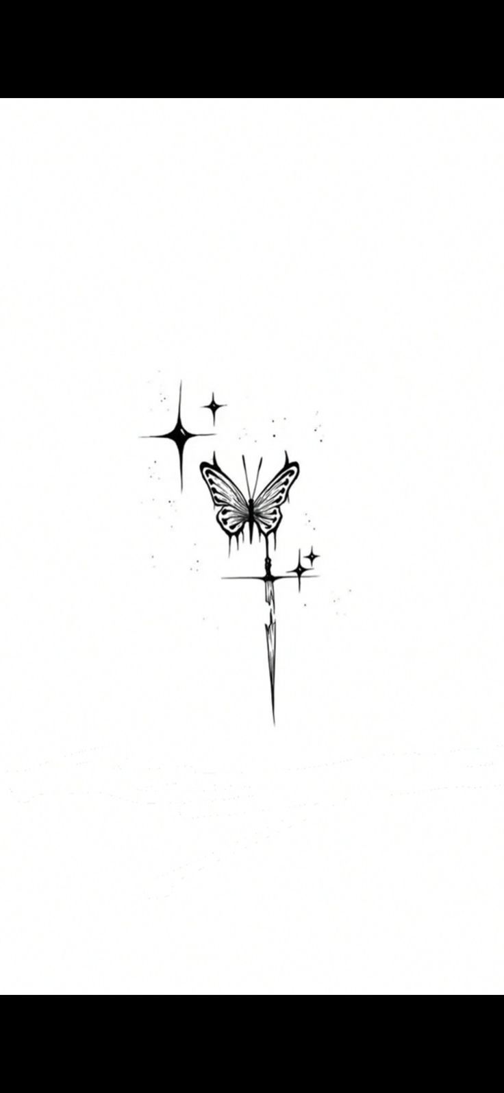 a black and white drawing of a butterfly with stars