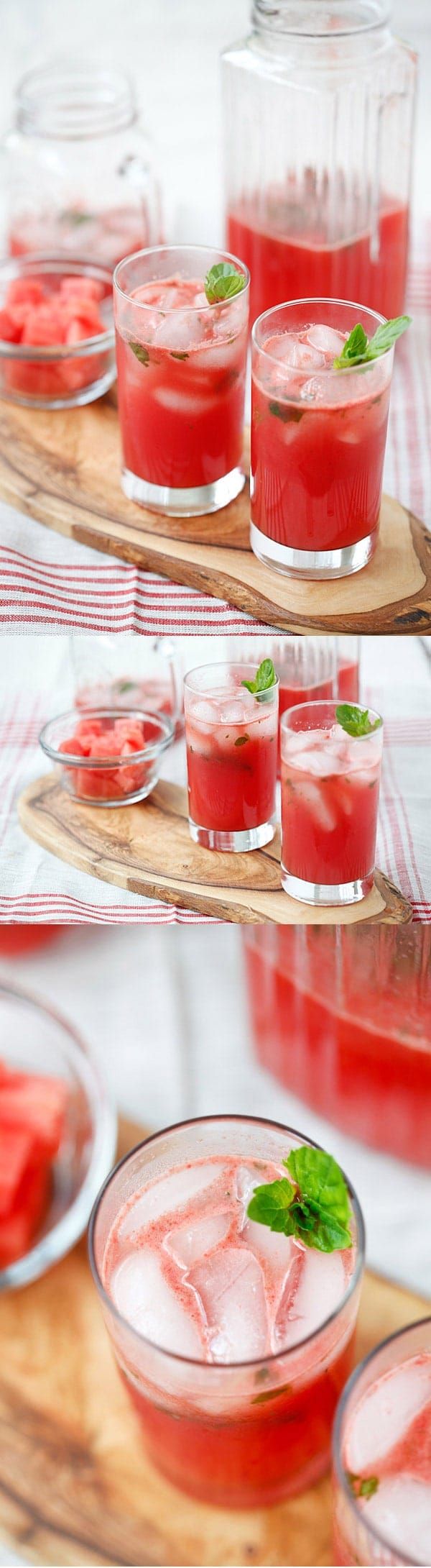 a person holding a plate with glasses filled with drinks and garnishes on it