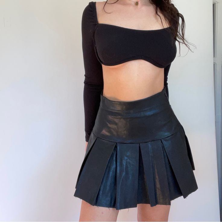 High Waisted, Pleated Faux Leather Skirt Featuring A Side Zipper Closure Super Flattering On & Gives You That Hour Glass Shape Very High Waisted Which Makes It Perfect For Those Super Cropped Tops Features A Frayed Bottom & Built In Shorts Nwot/ Never Been Worn Style Tags: Goth, Gothcore, Gothic, Leather, Vegan Leather, Pleated, High Waisted Tag Says Akira, But Using A Different Tag For More Views Rock Style Mini Skirt For Fall Party, Faux Leather Pleated Skirt For Party, Black Fitted Pleated Skirt For Night Out, Fitted Black Faux Leather Skirt, Pleated Faux Leather Skirt For Party, Fitted Black Pleated Skirt For Night Out, Fall Rock Style Party Mini Skirt, High Waist Black Faux Leather Skirt, Rock Style Mini Skirt For Night Out In Fall