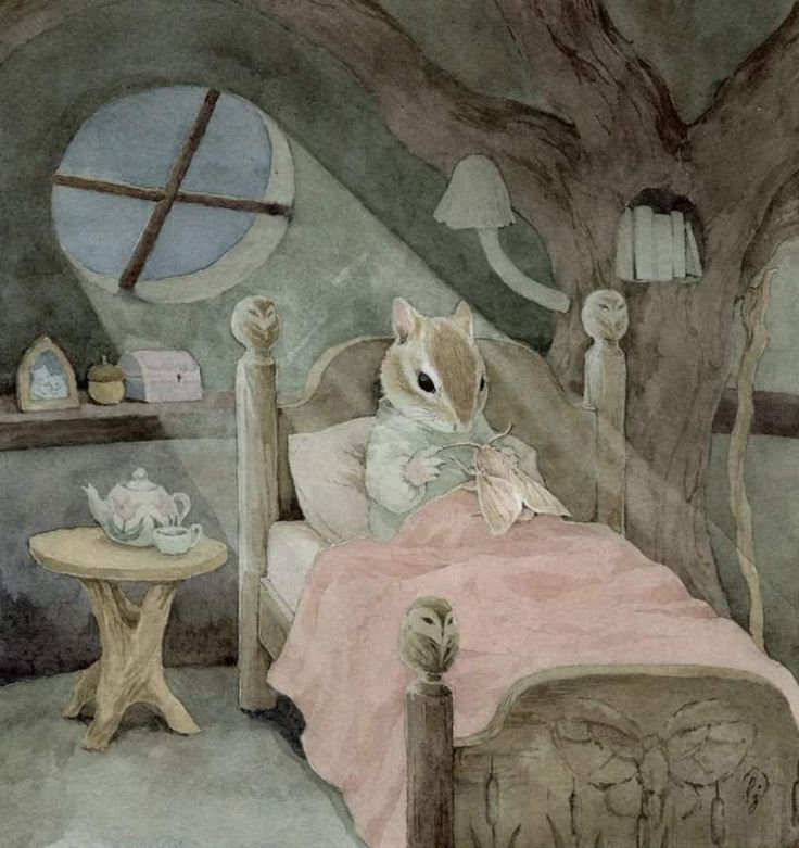 a watercolor painting of a bed with a hamster on it's back