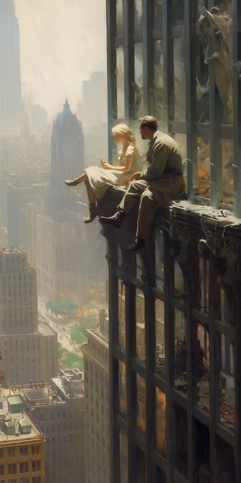 two people sitting on top of a tall building looking at the city below them with skyscrapers in the background