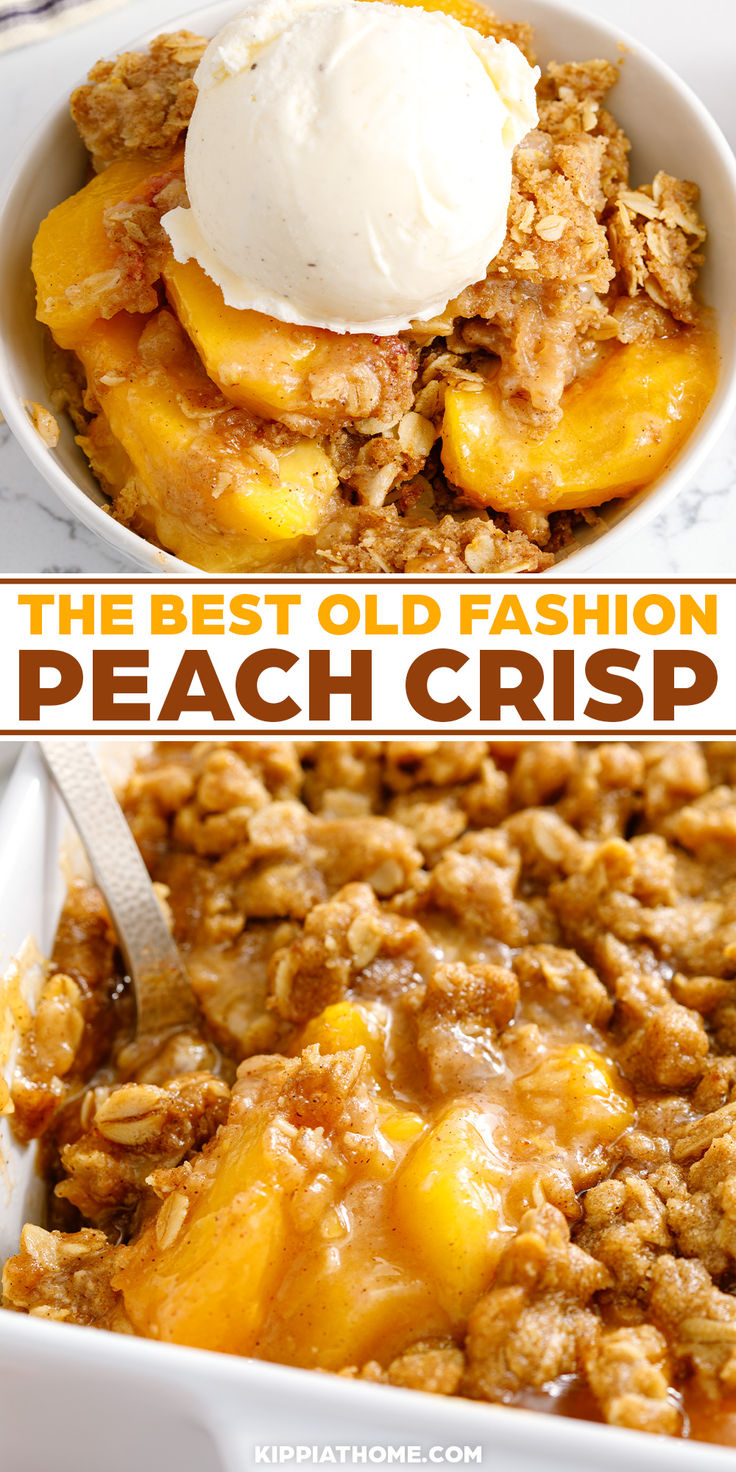 peach crisp in a bowl topped with vanilla ice cream Peach Crumble Fresh Peaches, Simple Peach Dessert Recipes, Uses For Fresh Peaches, Homemade Peach Crisp, Best Peach Crisp With Fresh Peaches, Peaches Over Ice Cream, Peach Desserts For One, Peach And Apple Crisp, Healthy Peach Crisp With Fresh Peaches