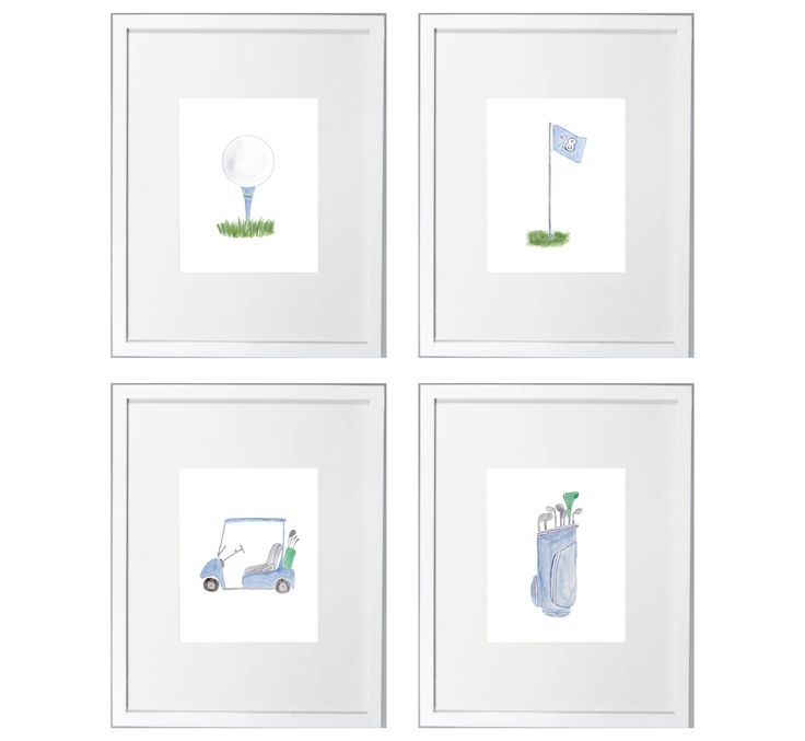 four framed pictures with golf related items in white frames on a white wall above them