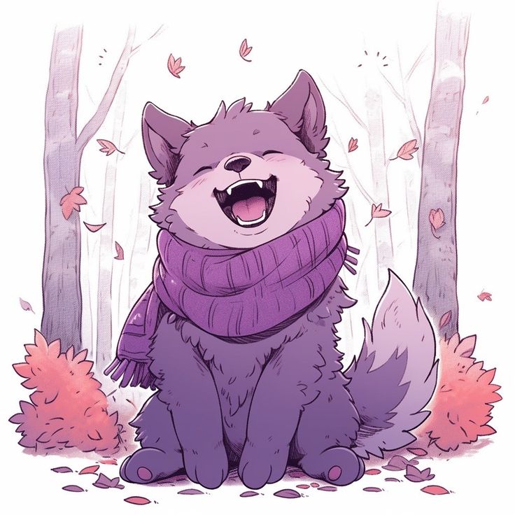 a cartoon wolf wearing a scarf and sitting in the woods with autumn leaves around him