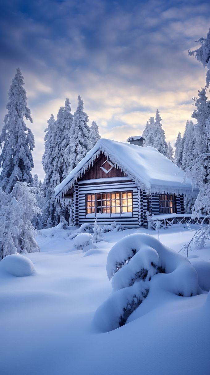 a cabin in the woods covered with snow at sunset or dawn, surrounded by evergreens