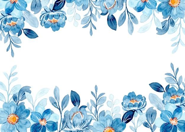 blue flowers and leaves are arranged in the shape of a square frame on a white background