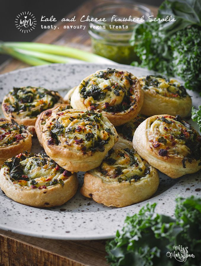 several small pastries on a white plate with greens around them and text overlay