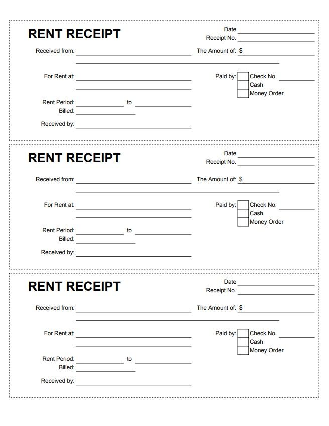 rent receipt form with two receipts on top and one in the bottom, as well as an