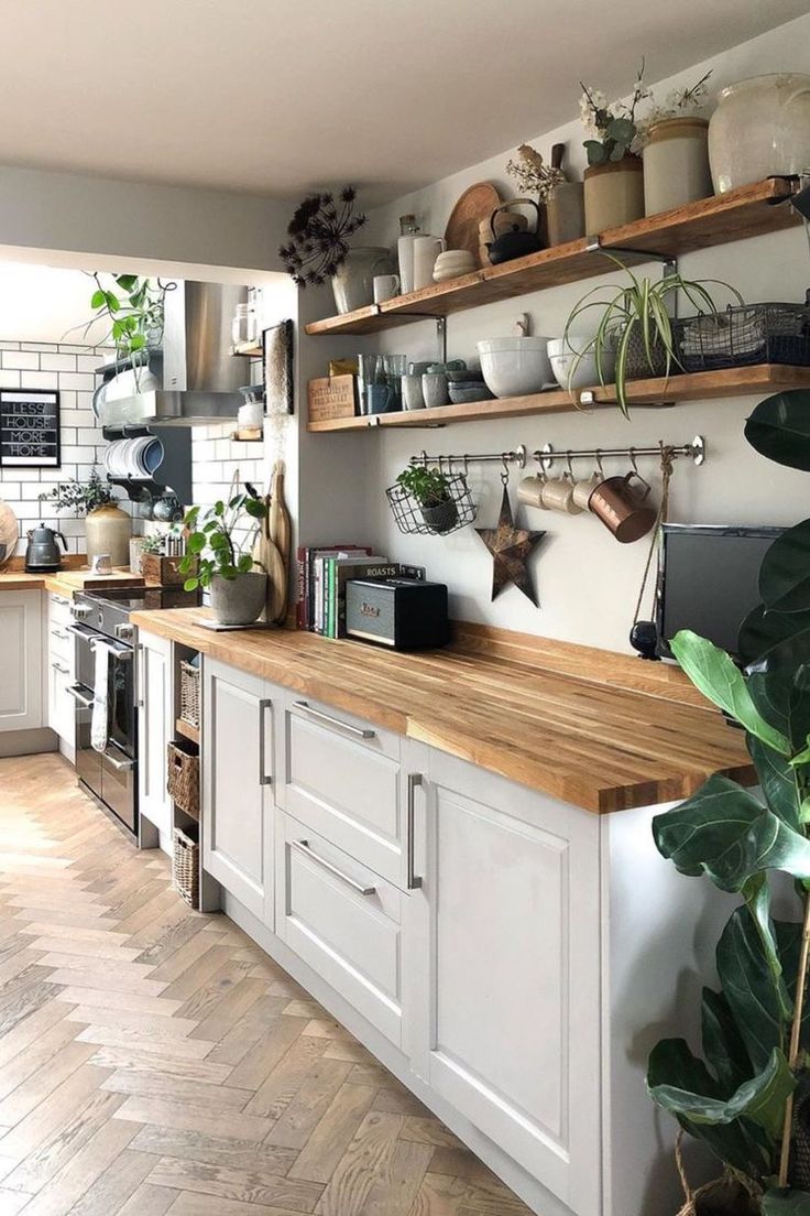 a kitchen filled with lots of plants and wooden counter top next to a stove top oven