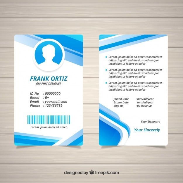 a blue and white business card with an image of a person on the front side