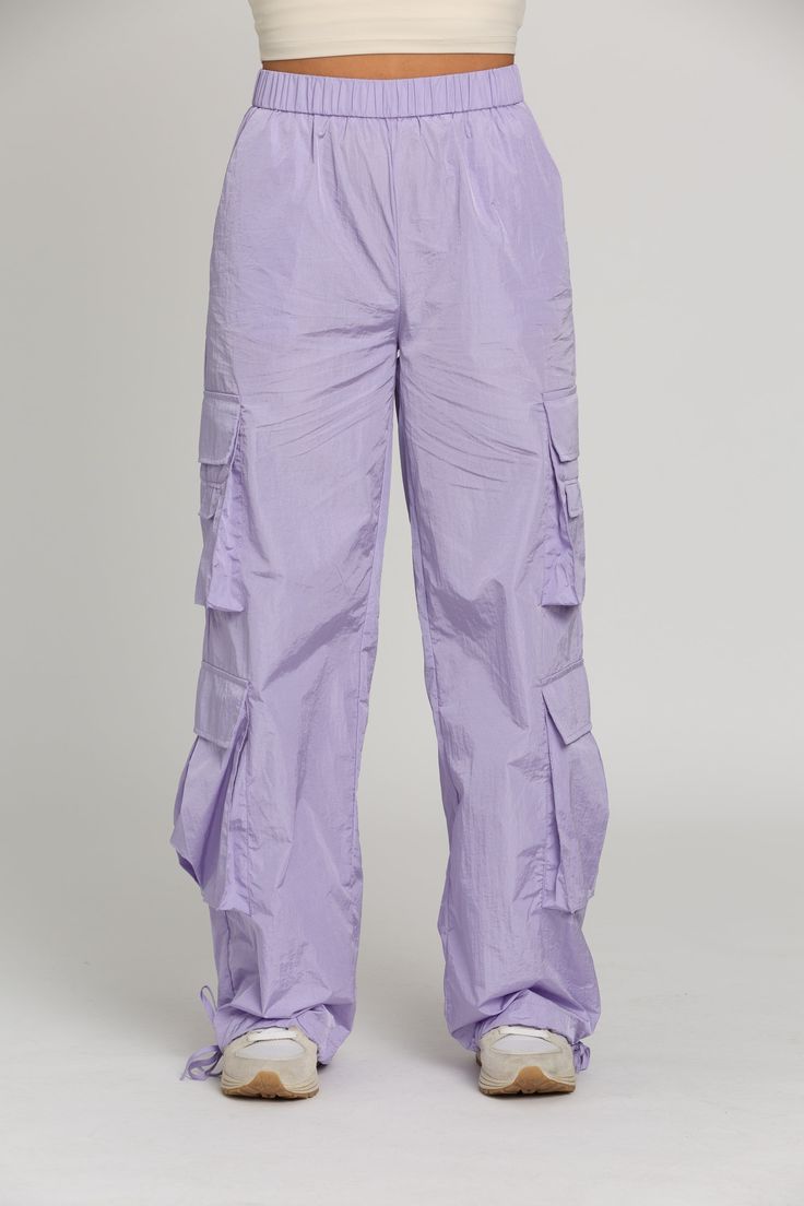 Shiny Purple Cargo Utility Pants Purple Parachute Pants, Doja Concert, Grey Parachute Pants, Dancehall Outfits, Nylon Outerwear, Purple Clothes, Concert Fit, Tori Kelly, Vs Sport