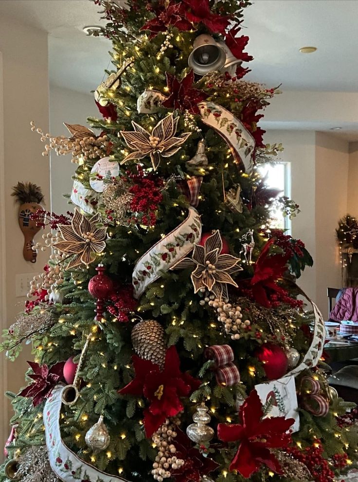 a christmas tree decorated with ribbons and ornaments