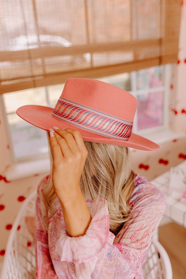 Make a statement in our eye-catching pink 'Make Amends' fedora featuring lightweight wool material, a curved 3-inch brim, and a wide serenity hued embroidered accent band! Hat Dimensions: Length - 15.5 Inches Width - 14.5 Inches Height - 5 Inches Cranial Circumference - 23 Inches Pink Adjustable Fedora For Spring, Pink Bohemian Fedora For Spring, Pink Felt Hat For Spring Beach Outings, Pink Felt Hat For Spring Beach Days, Pink Felt Hat For Beach In Spring, Pink Felt Hat For Spring Beach Occasions, Pink Fedora With Curved Brim, Pink Curved Brim Felt Hat For Kentucky Derby, Pink Flat Brim Felt Hat For Summer