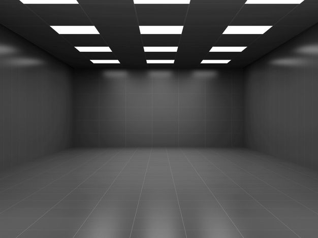 an empty room with lights on the ceiling and tile flooring in black and white