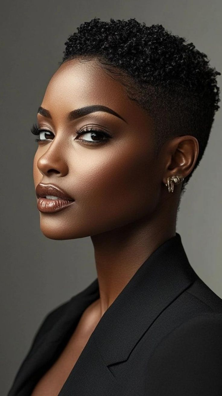 Explore elegant and low-maintenance short haircuts for black women that save time and effort. These cuts look great with minimal styling. From wash-and-go crops to textured pixies, find a style that keeps you looking fabulous without spending hours in front of the mirror. Black Female Short Haircut, Tapered Pixie Haircut Black Women, Low Cut Hairstyles For Black Women, Black Female Haircut, Female Fade Haircut Black Women, Womens Haircuts Short, Low Haircut For Black Women, Low Cut Hair Black Women, Short African Hairstyles