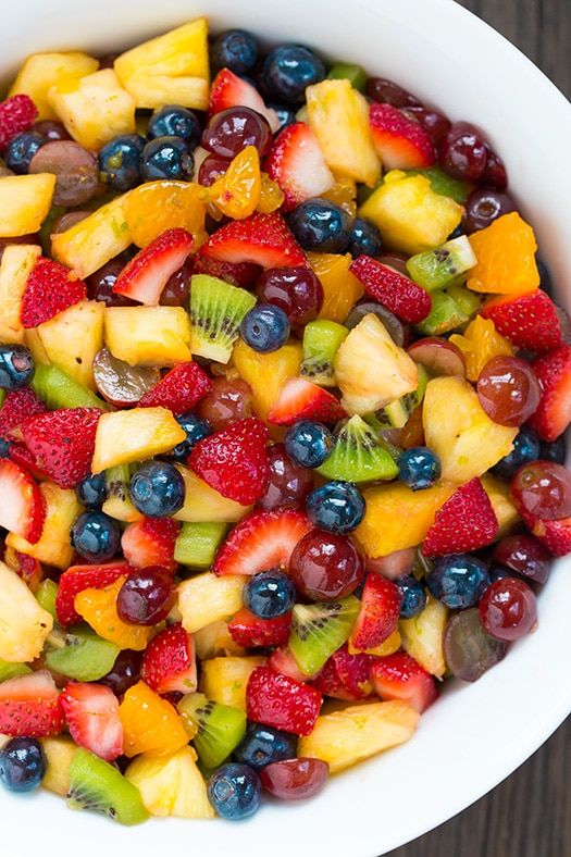 a white bowl filled with lots of different types of fruit on top of a wooden table