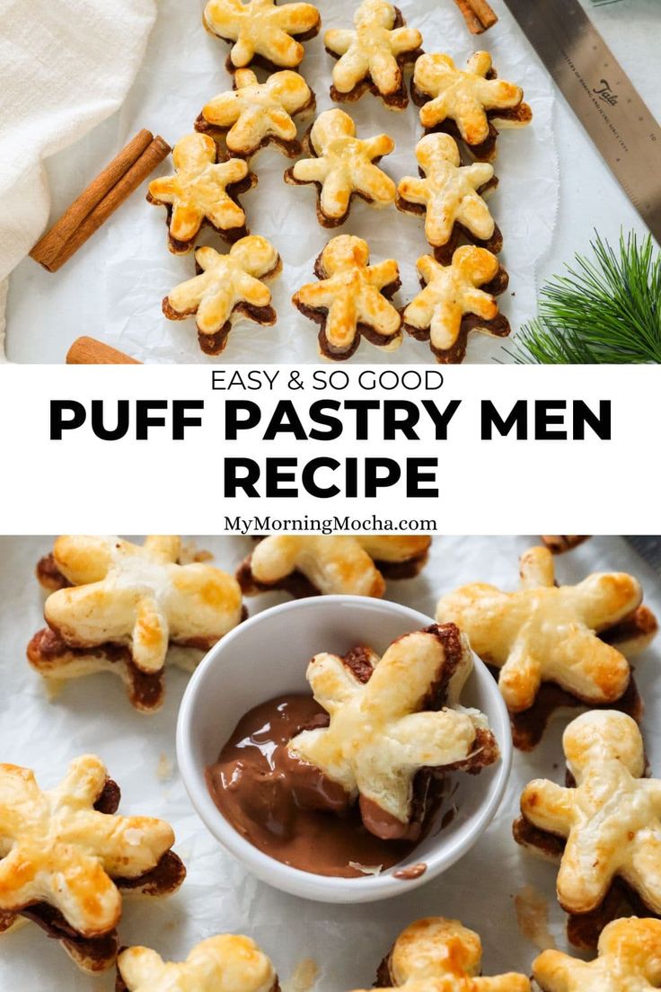 the recipe for puff pastry men is shown in this collage with other desserts