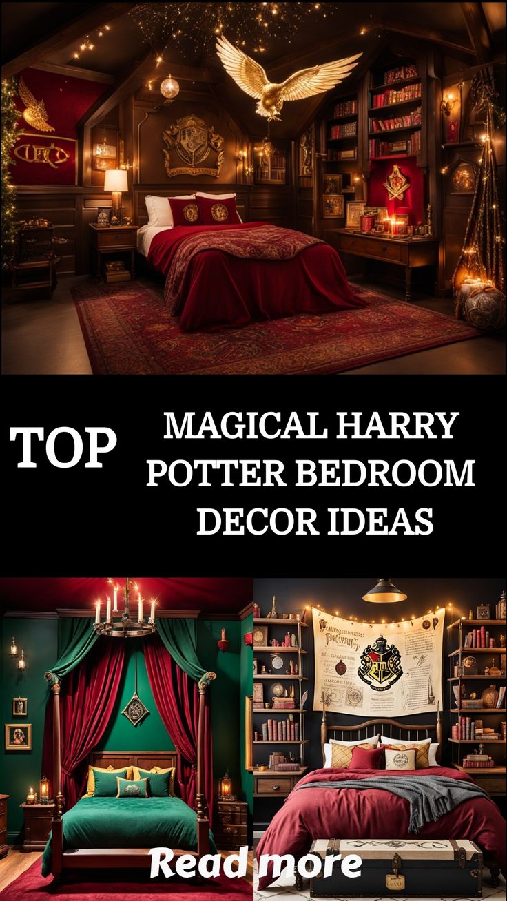 the top harry potter bedroom decor ideas are in red and green, while the bottom one is