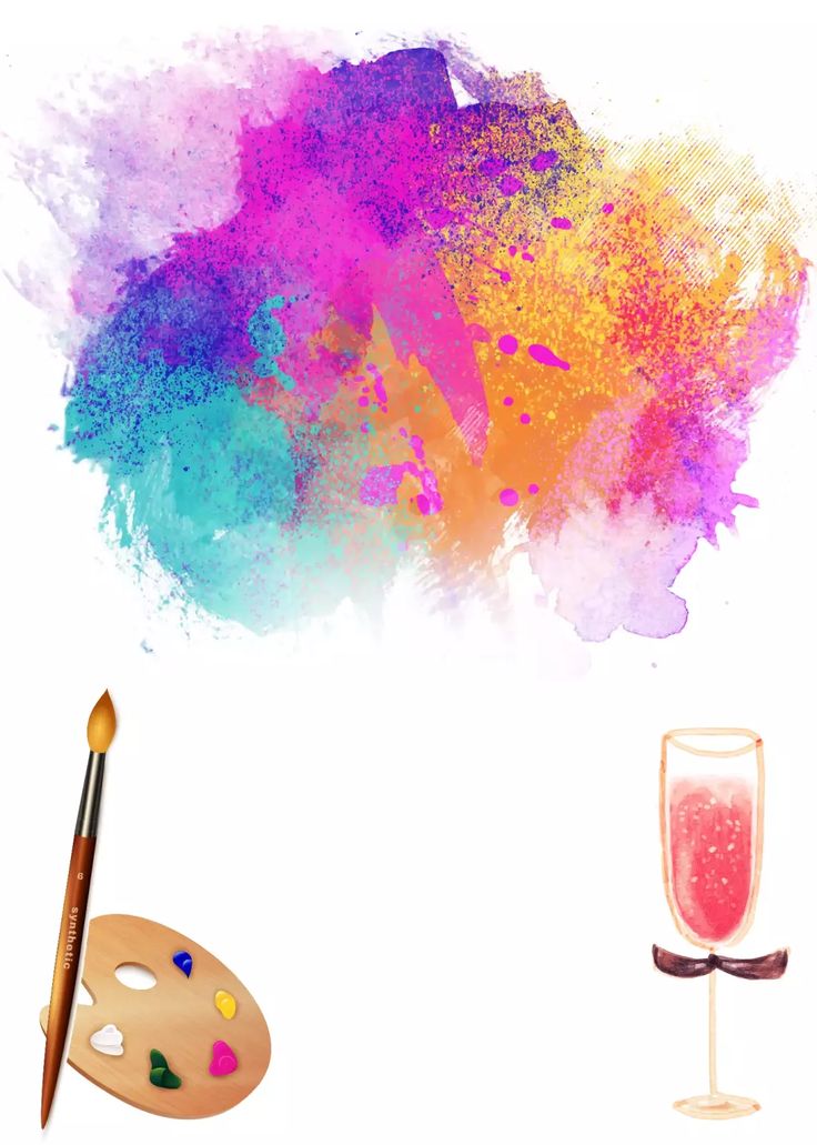 a paintbrush and palette next to an artistic background with watercolors on it