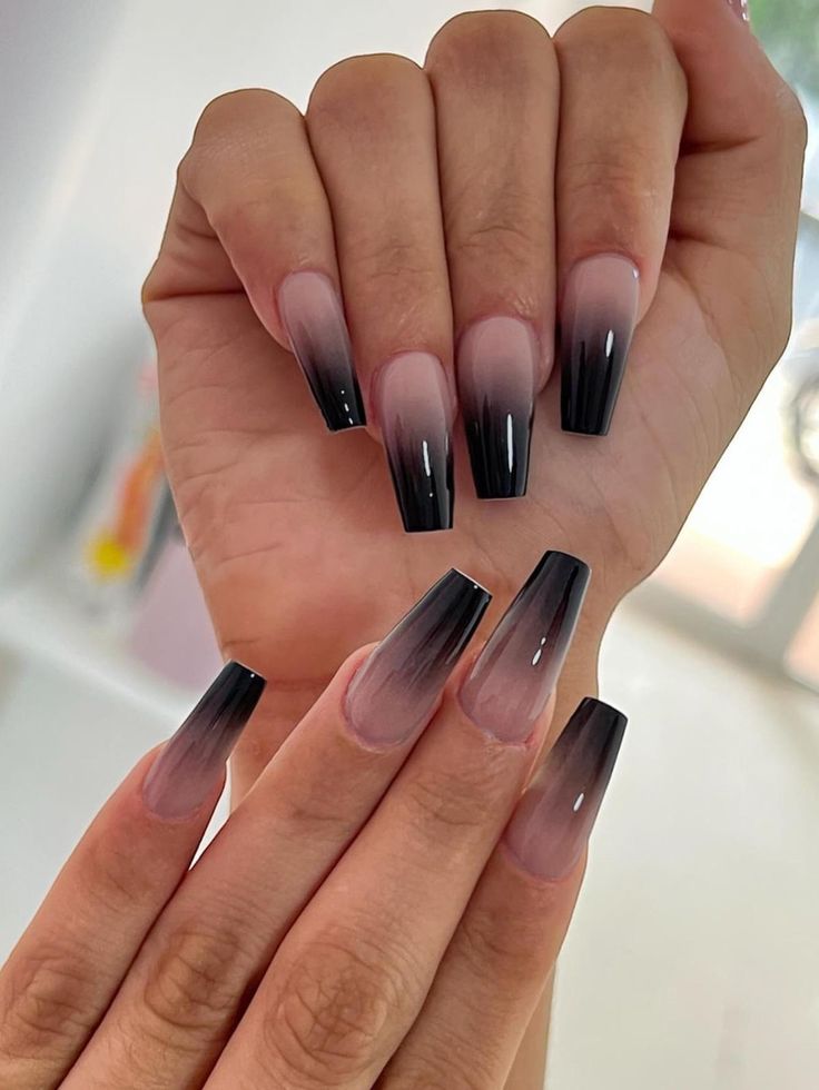 Black And White Ombre Nails Coffin, Nail Ideas Matte Black, Ombre Pink And Black Nails, Acrylic Nails With Black Design, Black Ombre Nails Square, Pink To Black Ombre Nails, Ombré Black Nails, Black Ombre Nails Coffin, Acrylic Nails Black Designs