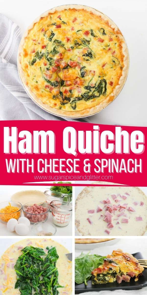 ham quiche with cheese and spinach is shown in this collage, it's ready to be eaten