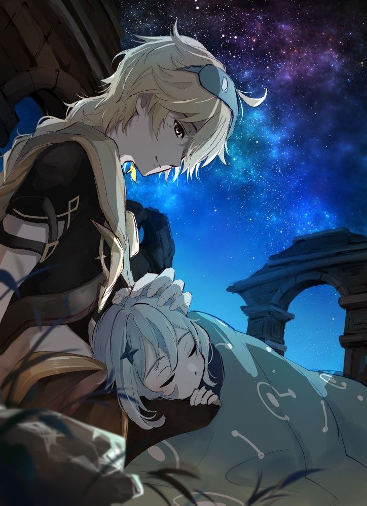 an anime character holding onto another character's head in front of the night sky