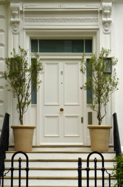 two potted trees sit on the front steps of a house