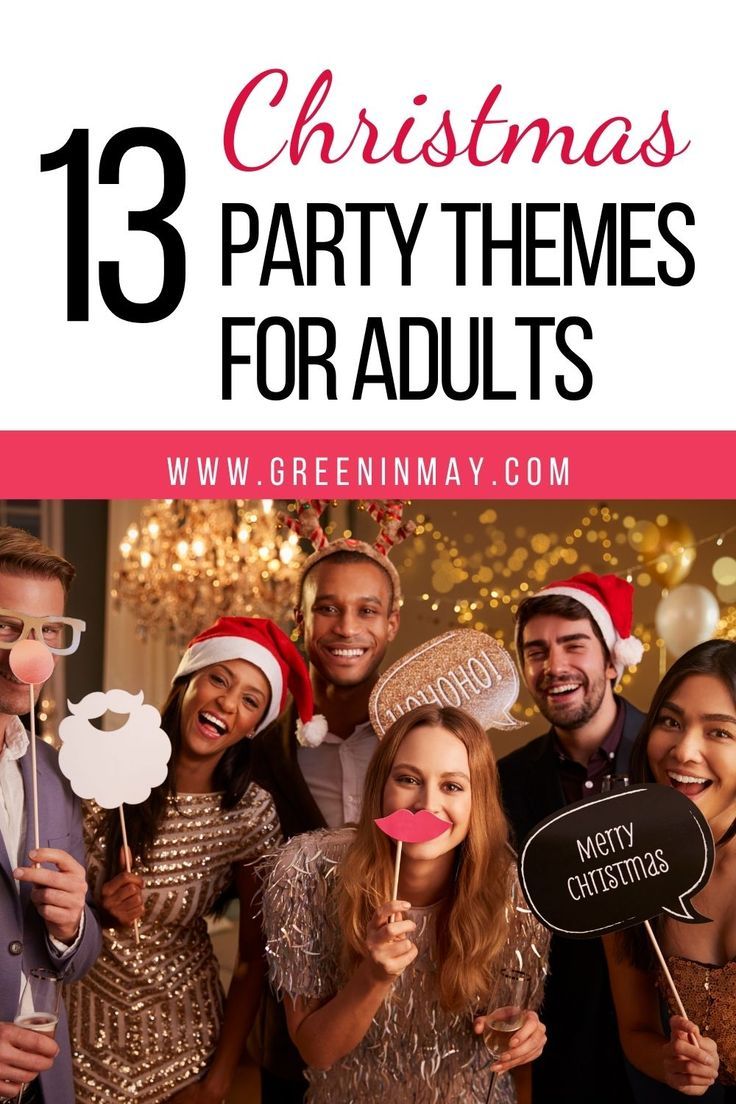 a group of people wearing christmas hats and holding signs with the words 13 christmas party themes for adults