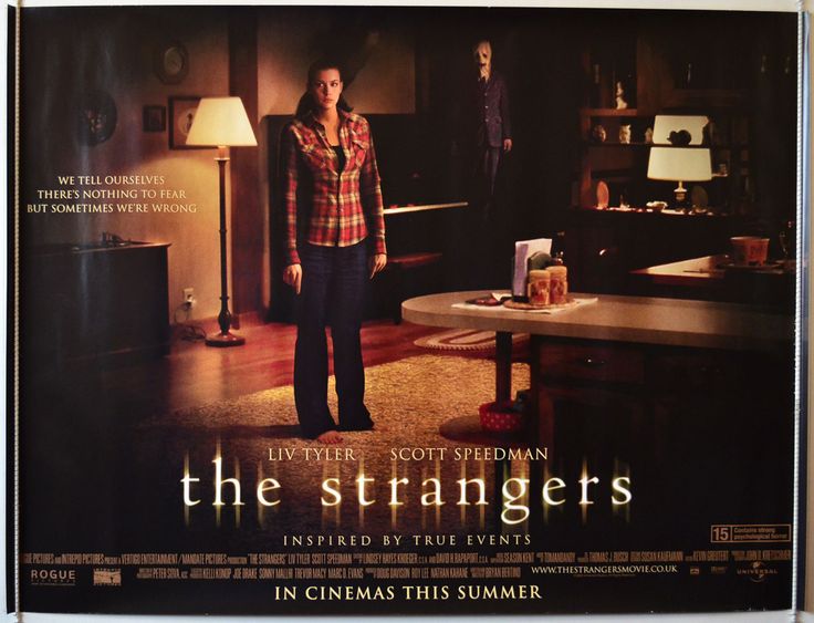 a movie poster for the strangers featuring a man in plaid shirt standing next to a table