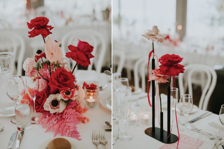 two pictures of flowers in vases sitting on top of a table next to each other