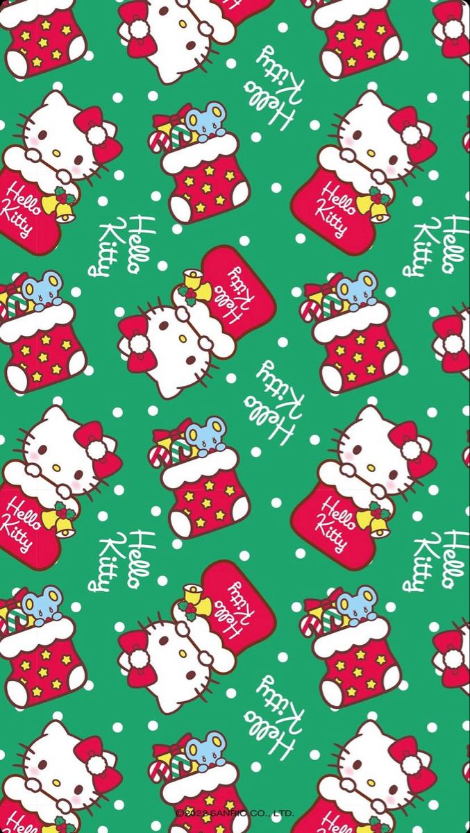 hello kitty christmas stocking pattern on green background