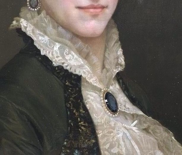 a painting of a woman wearing a white dress and black jacket with earrings on her head