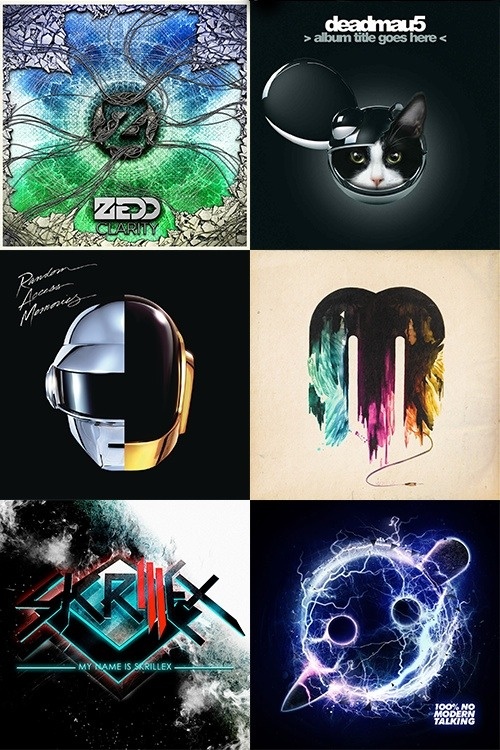 four different colored posters with black and white images