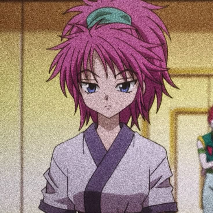 an anime character with pink hair standing in front of another character wearing a kimono