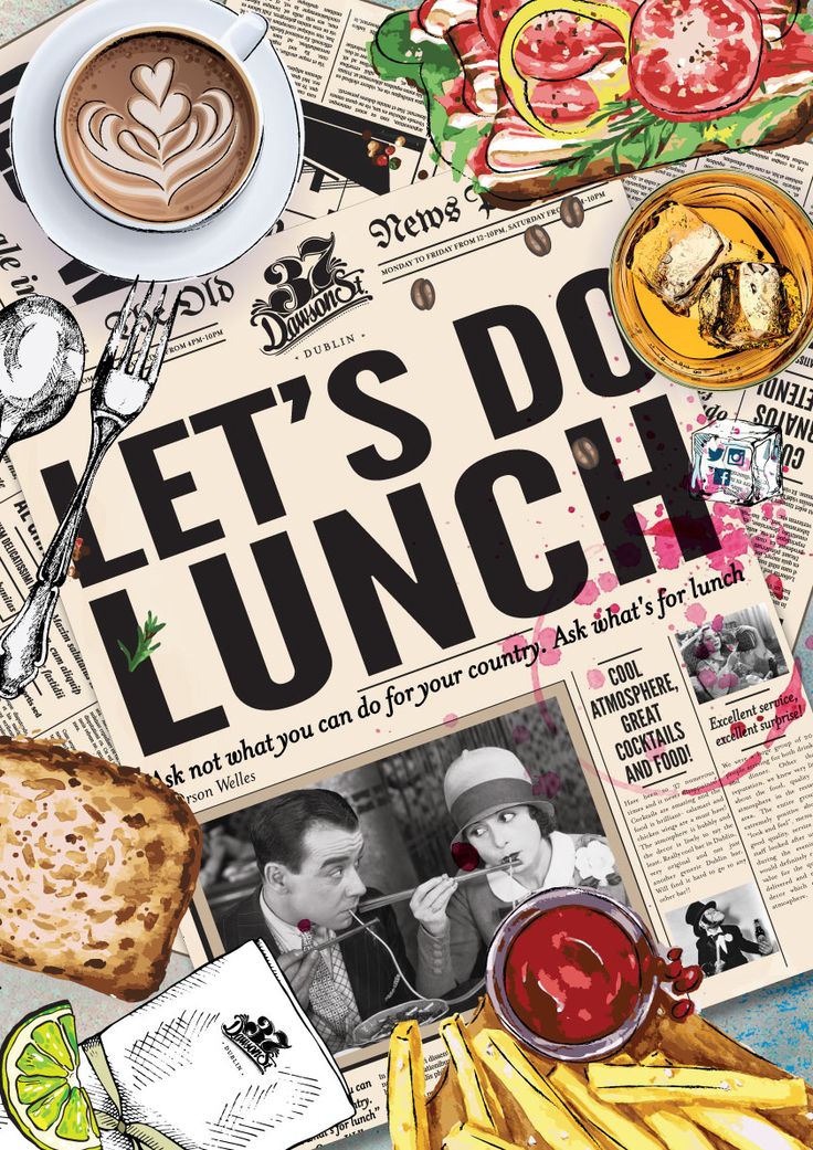 the cover of let's do lunch magazine with pictures of food and drinks on it