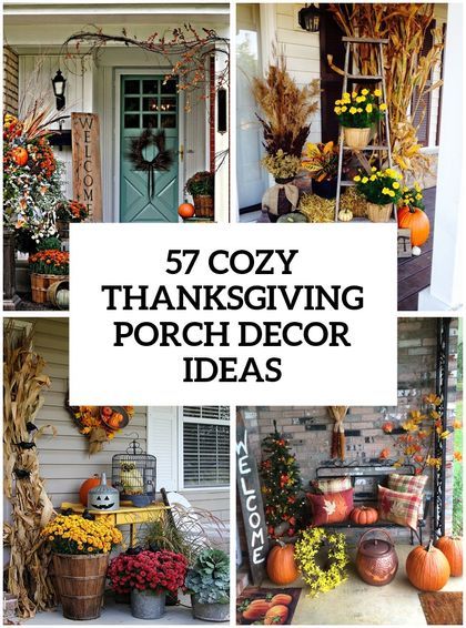 the front porch decorated for thanksgiving with pumpkins, corn stalks and other fall decorations