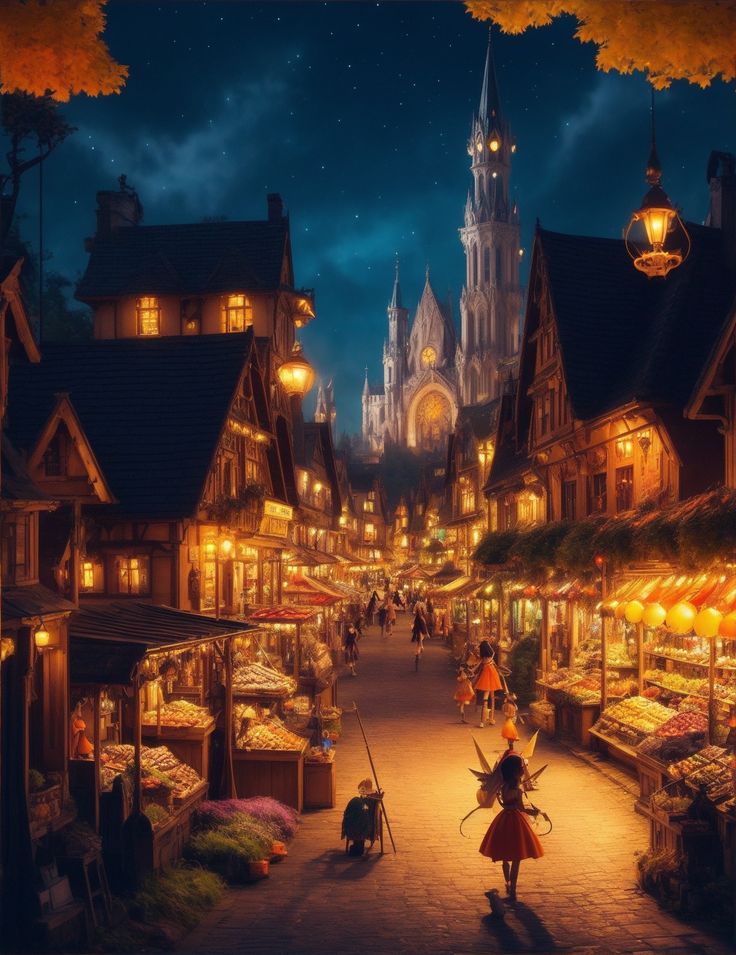 an animated image of a town at night with people walking around and shops on the street