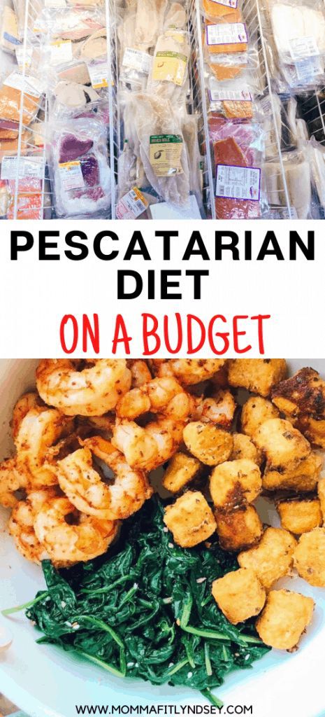 there are many different types of food in the store with text overlay that reads pescatarian diet on a budget