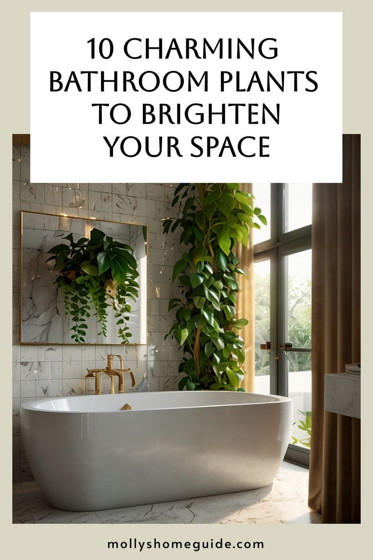 a white bath tub sitting next to a window with green plants on the wall in front of it