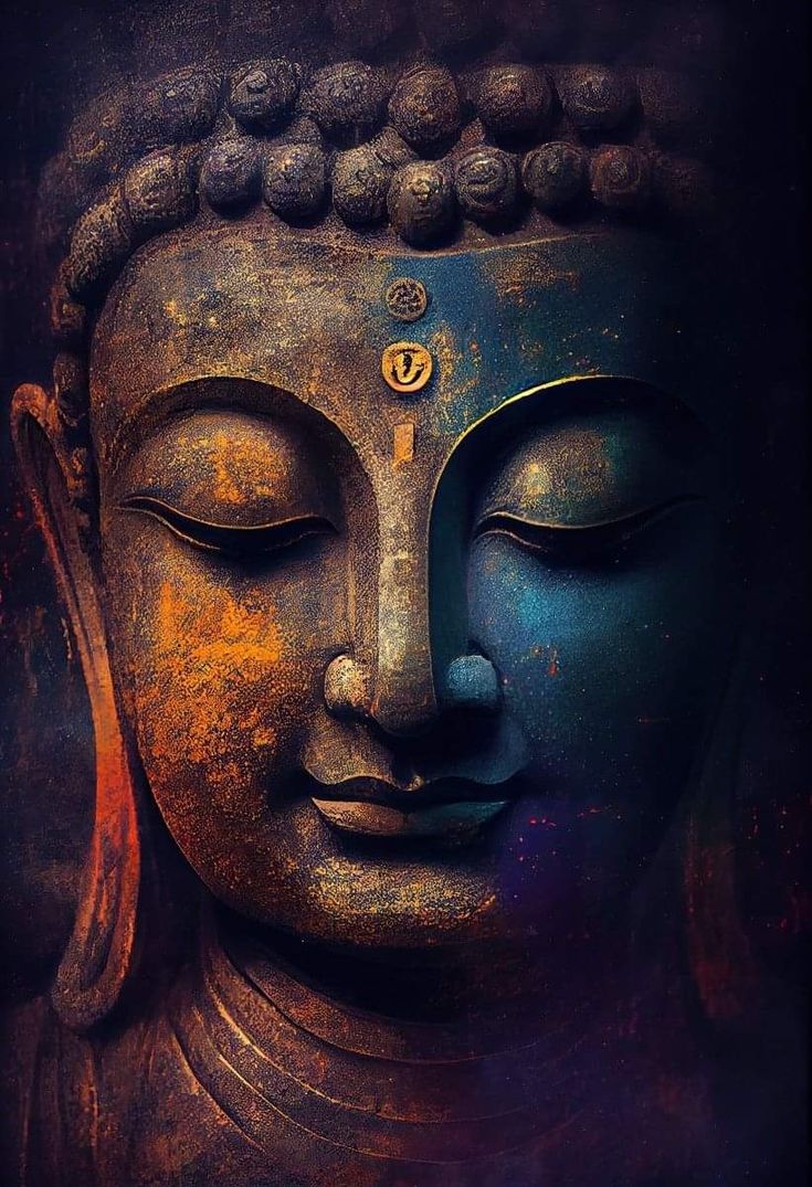 a buddha statue with its eyes closed in front of a dark background and the head of it's face