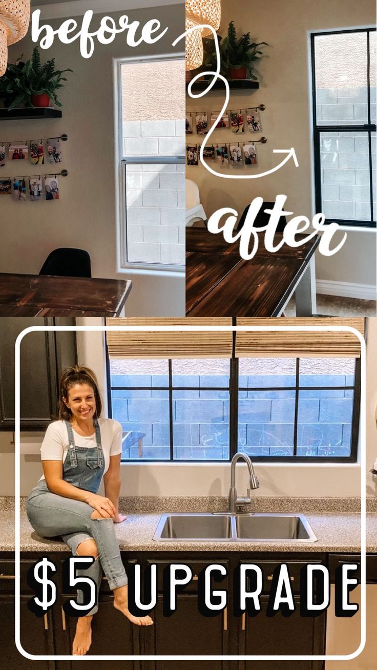 a woman sitting on top of a kitchen counter next to a sink and window with the words before after $ 5 upgrade