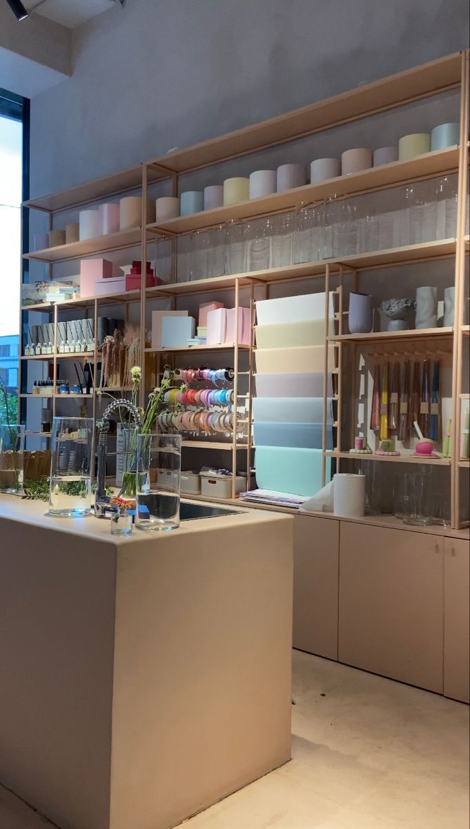 a store with shelves filled with vases and flowers