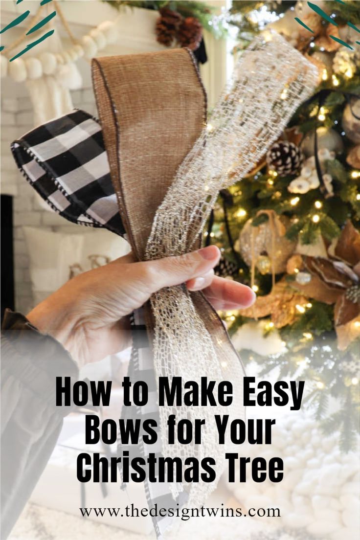 someone is holding a bow in front of a christmas tree with the words how to make easy bows for your christmas tree