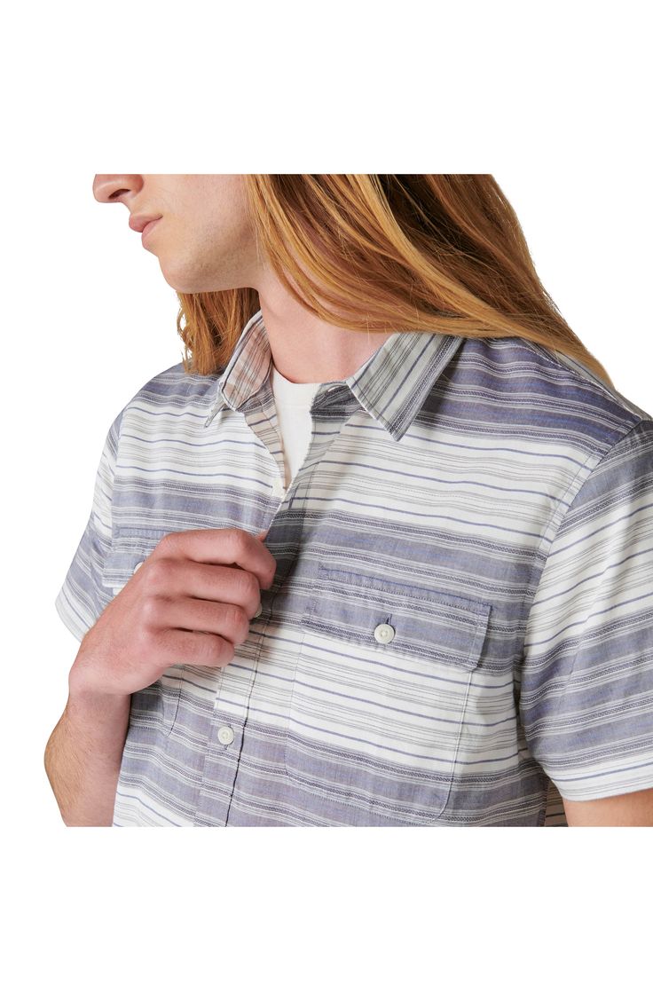 Bands of mixed stripes climb a shirt made of soft, breathable cotton with a comfortable fit that always looks great untucked. Spread collar Short sleeves 100% cotton Machine wash, tumble dry Imported Casual Short Sleeve Shirt With Vertical Stripes, Casual White Shirt With Horizontal Stripes, Striped Cotton Shirt With Short Sleeves, White Cotton Shirt With Horizontal Stripes, Spring Cotton Short Sleeve Shirt With Vertical Stripes, Cotton Short Sleeve Shirt With Vertical Stripes For Spring, Casual Striped Cotton Shirt, Relaxed Fit Short Sleeve Cotton Shirt With Vertical Stripes, Casual Striped Short Sleeve Shirt