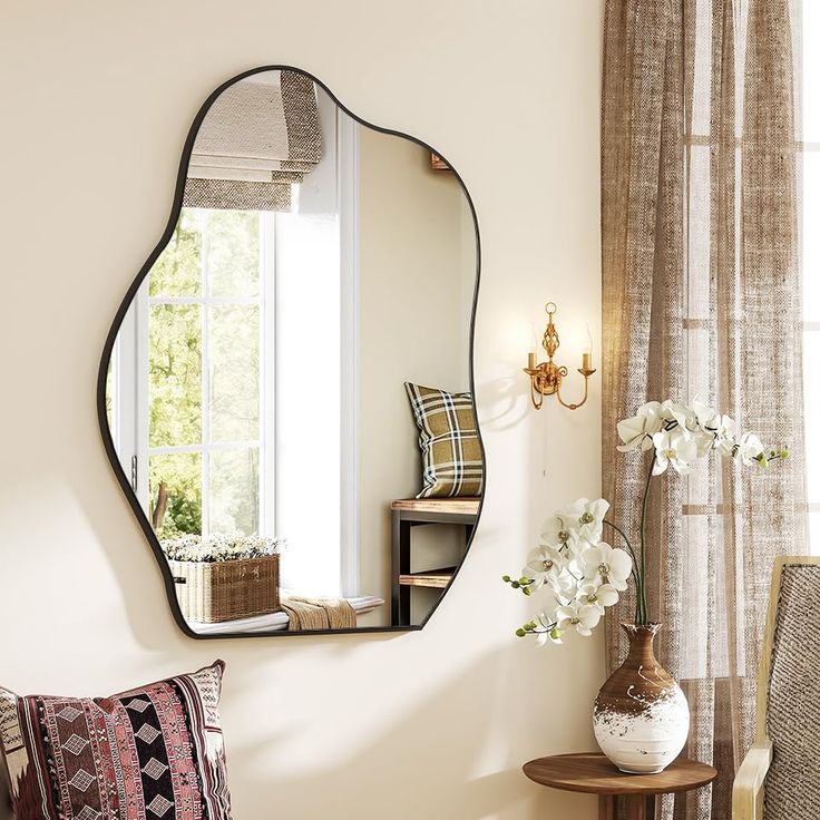 PRICES MAY VARY. Irregular Mirror: Special shape wall mounted mirror, which especially attracts people's attention, and is used to decorate your living room, corridor, or bedroom, adding a sense of art to your home Asymmetrical Mirror: The thin wood frame makes the mirror looks more classic and it is suitable for any room, and after 16 processes, safety grinding edge, smooth not scratch High-quality Glass: The bathroom mirror is made of high-quality float glass which can provide super HD imaging Mirror Wood Frame, Wall Mirror Wood, Asymmetrical Mirror, Irregular Mirror, Mounted Vanity, Entryway Hallway, Wall Mounted Vanity, Wood Mirror, Modern Accents