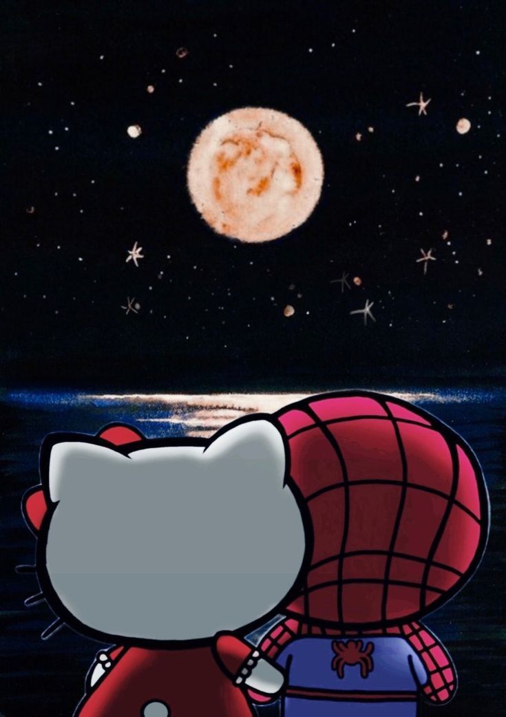 an image of hello kitty and spider man in the night sky with stars behind them